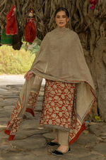 Red Bagru Hand Block Printed Cotton Kurta Pant & Dupatta Set