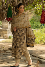 Black Bagru Hand Block Printed Cotton Kurta Pant & Dupatta Set