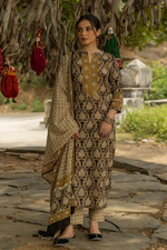 Black Bagru Hand Block Printed Cotton Kurta Pant & Dupatta Set