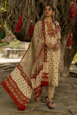Beige Bagru Hand Block Printed Cotton Kurta Pant & Dupatta Set