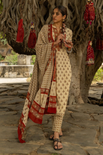 Beige Bagru Hand Block Printed Cotton Kurta Pant & Dupatta Set