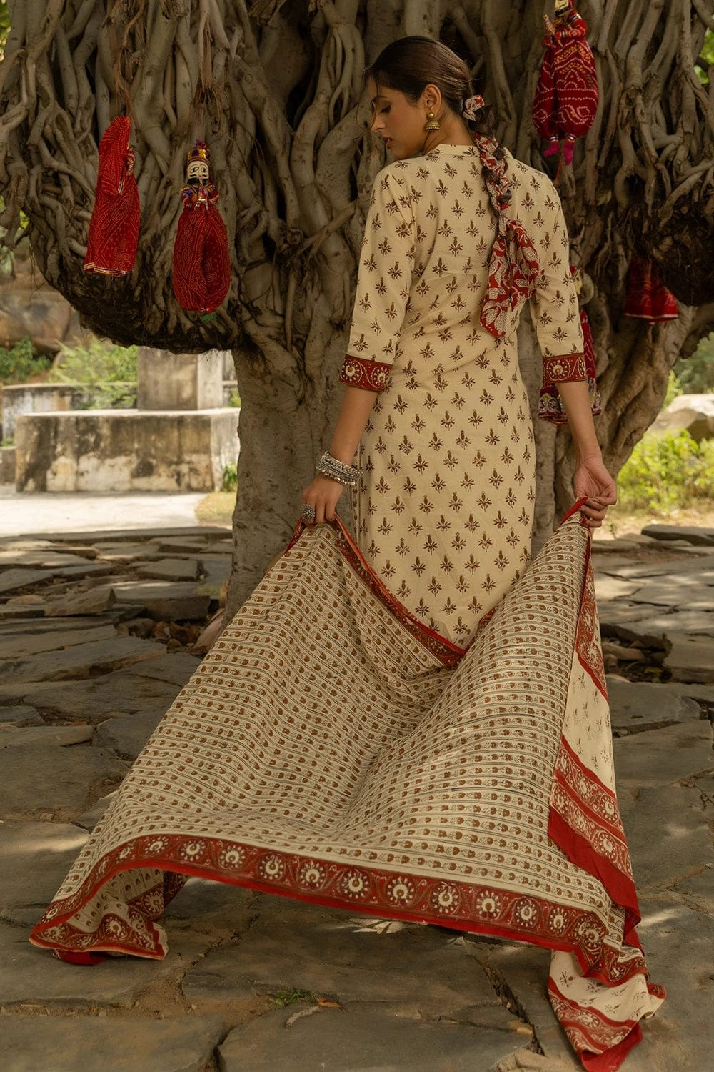 Beige Bagru Hand Block Printed Cotton Kurta Pant & Dupatta Set