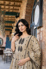Pale Brown Cotton Embroidered Flared Kurta Set