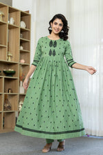 Sea Foam Cotton Embroidered Flared Kurta Set