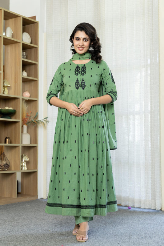 Sea Foam Cotton Embroidered Flared Kurta Set