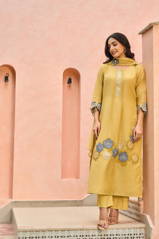 Faded Yellow Mul Chanderi Kurta Set