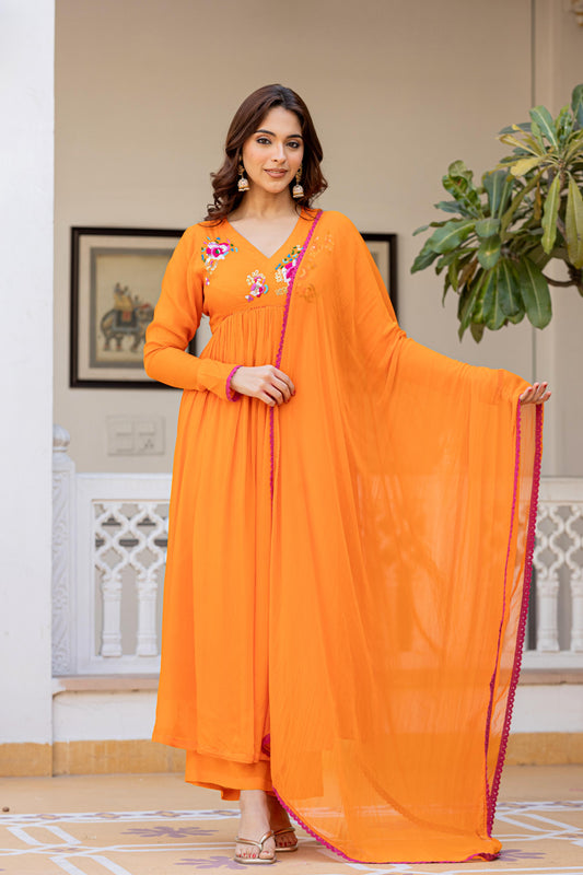 Orange Chinon Hand Work Embroideried Kurta Set