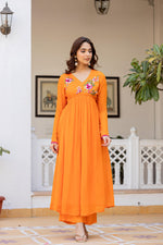 Orange Chinon Hand Work Embroideried Kurta Set