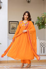 Orange Chinon Hand Work Embroideried Kurta Set