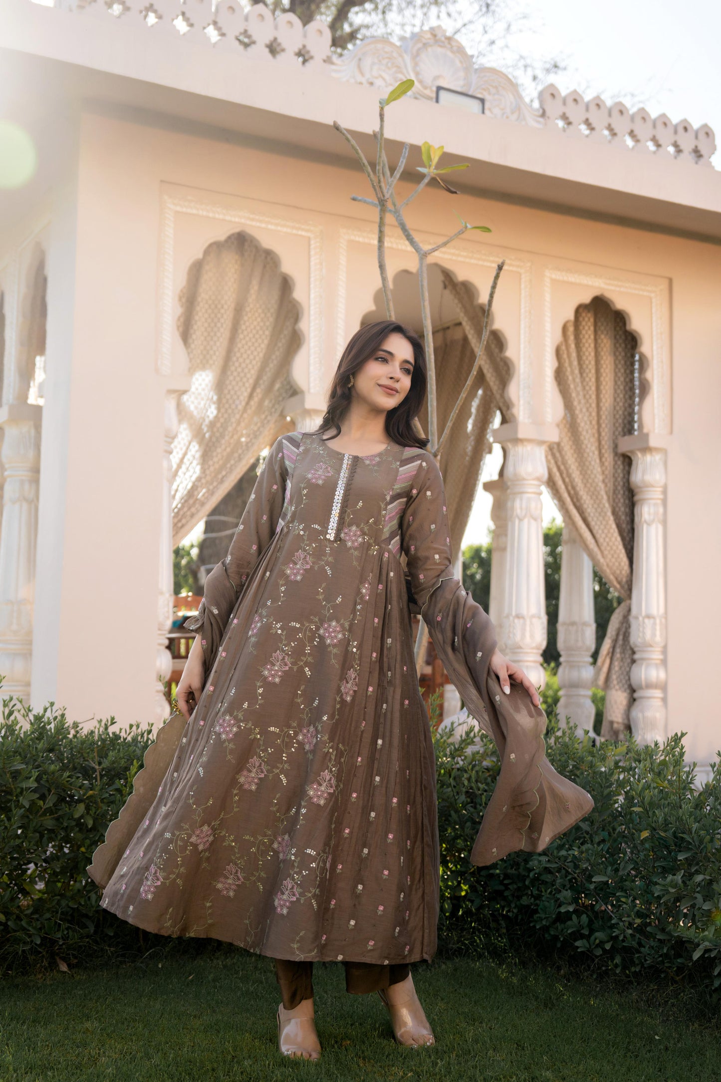 Copper Brown Mul Chanderi Hand Design Embroidered Kurta Set