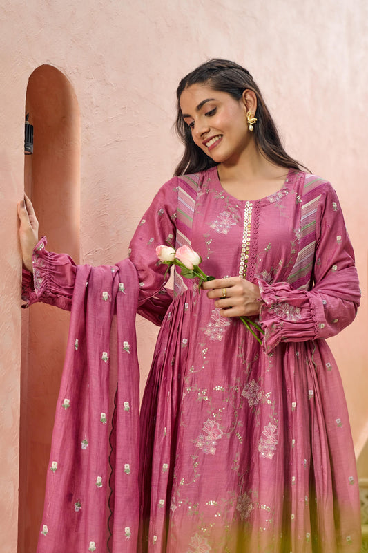 Pink Mul Chanderi Hand Design Embroidered Kurta Set