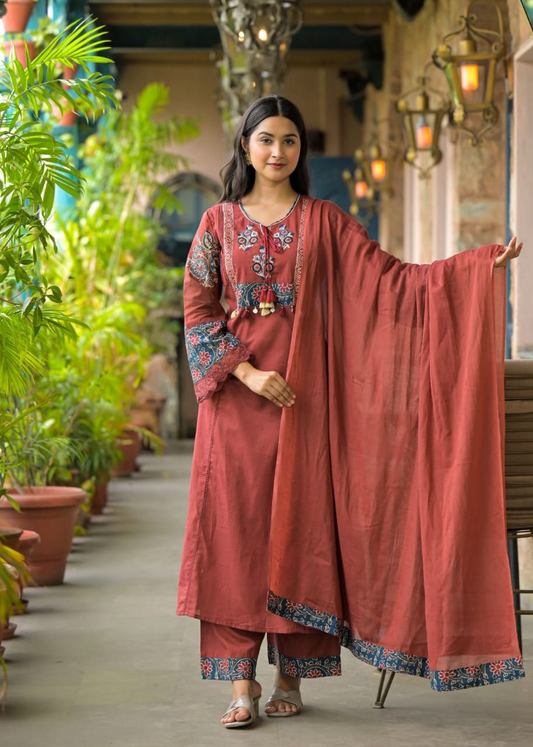 Rust Cotton Embroiderd Kurta Suit Set