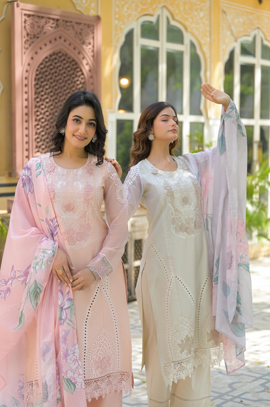 Pastel Peach Cotton Embroidered Kurta Suit With Patch Work