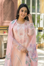 Pastel Peach Cotton Embroidered Kurta Suit With Patch Work
