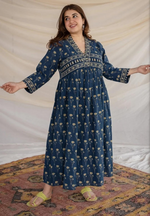 Peacock Blue Block Printed Maxi Dress