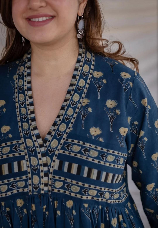 Peacock Blue Block Printed Maxi Dress