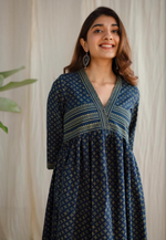Darkk Blue Cotton Block Printed Maxi Dress