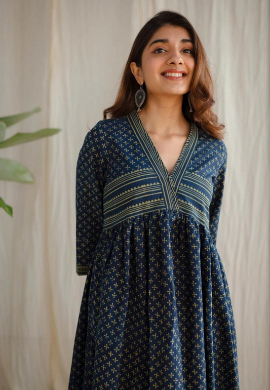 Darkk Blue Cotton Block Printed Maxi Dress