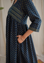 Darkk Blue Cotton Block Printed Maxi Dress