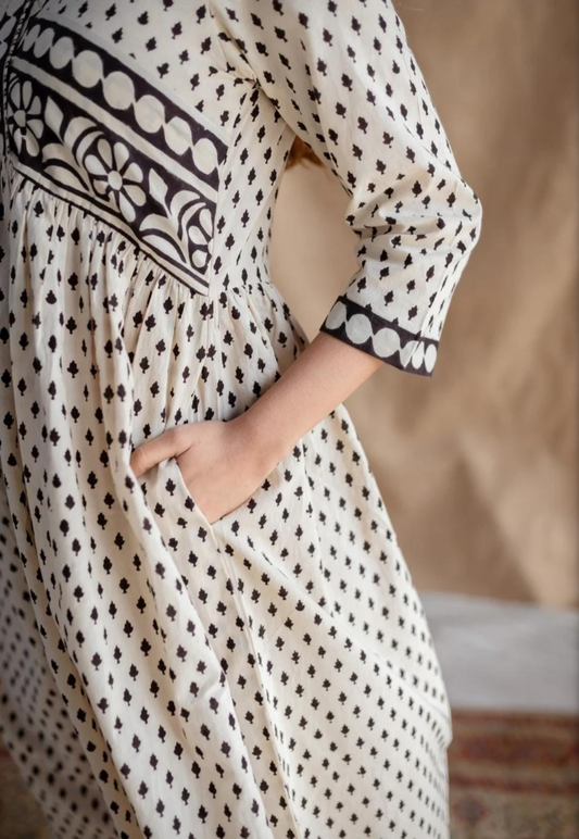 White Cotton Block Printed Maxi Dress