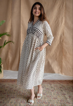 White Cotton Block Printed Maxi Dress