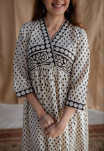 White Cotton Block Printed Maxi Dress