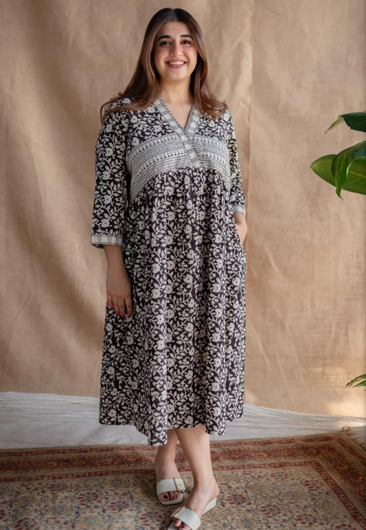 Floral Cotton Block Printed Maxi Dress