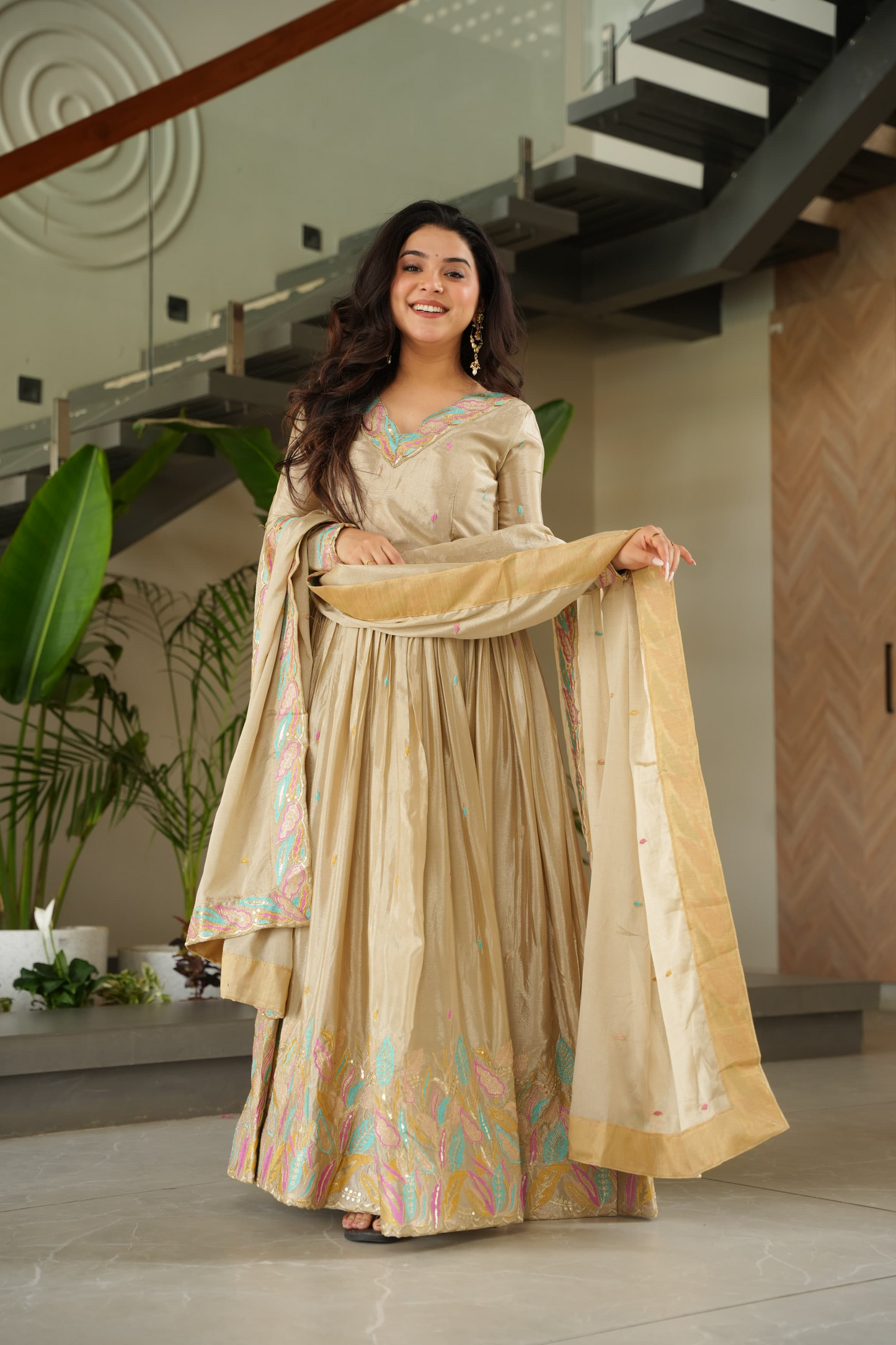 Off White Chinnon  Thread Embroidered Gown (Set of 2)