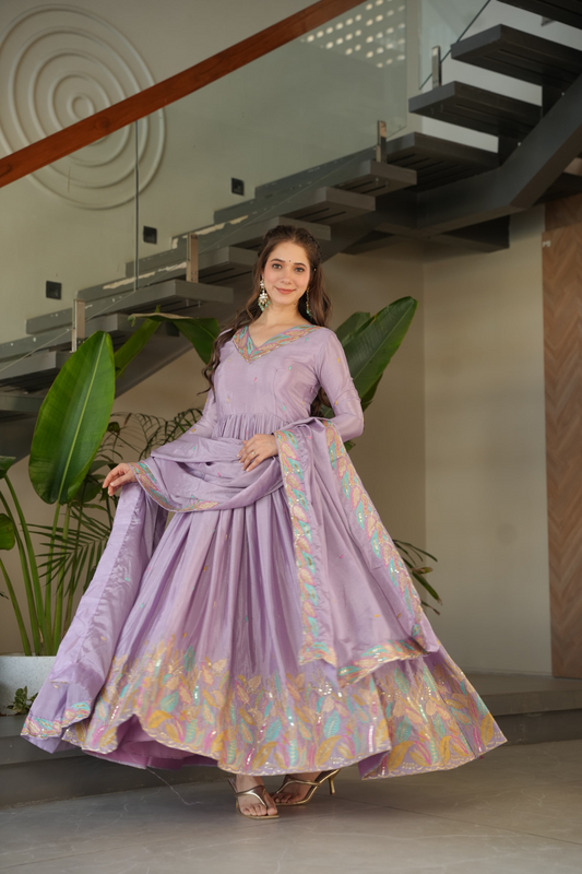 Lavender Chinnon  Thread Embroidered Gown (Set of 2)