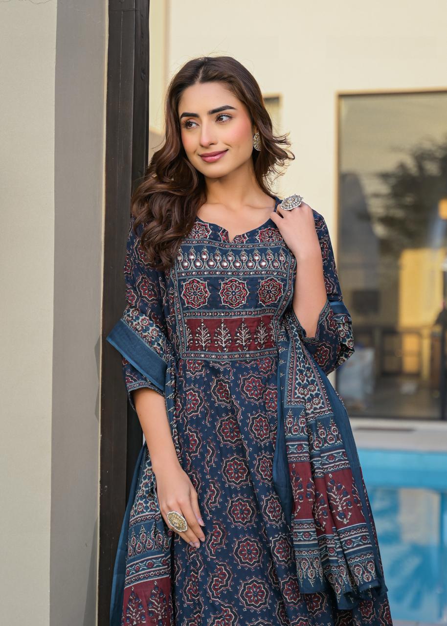Cotton Ajrakh Anarkali Suit With Palazzo & Dupatta