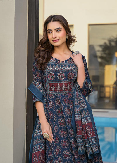 Cotton Ajrakh Anarkali Suit With Palazzo & Dupatta