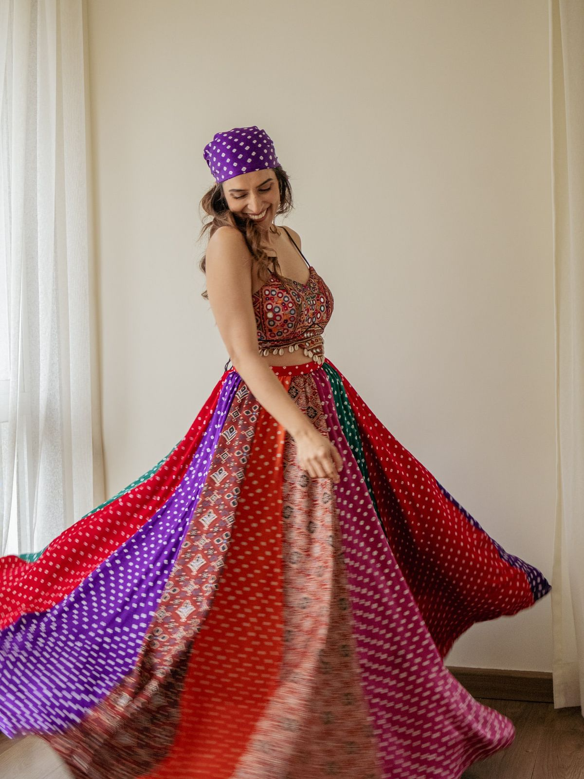Multi- colour Multi-panel Bandhani Skirt & Choli Set - Alia Bhatt Inspired