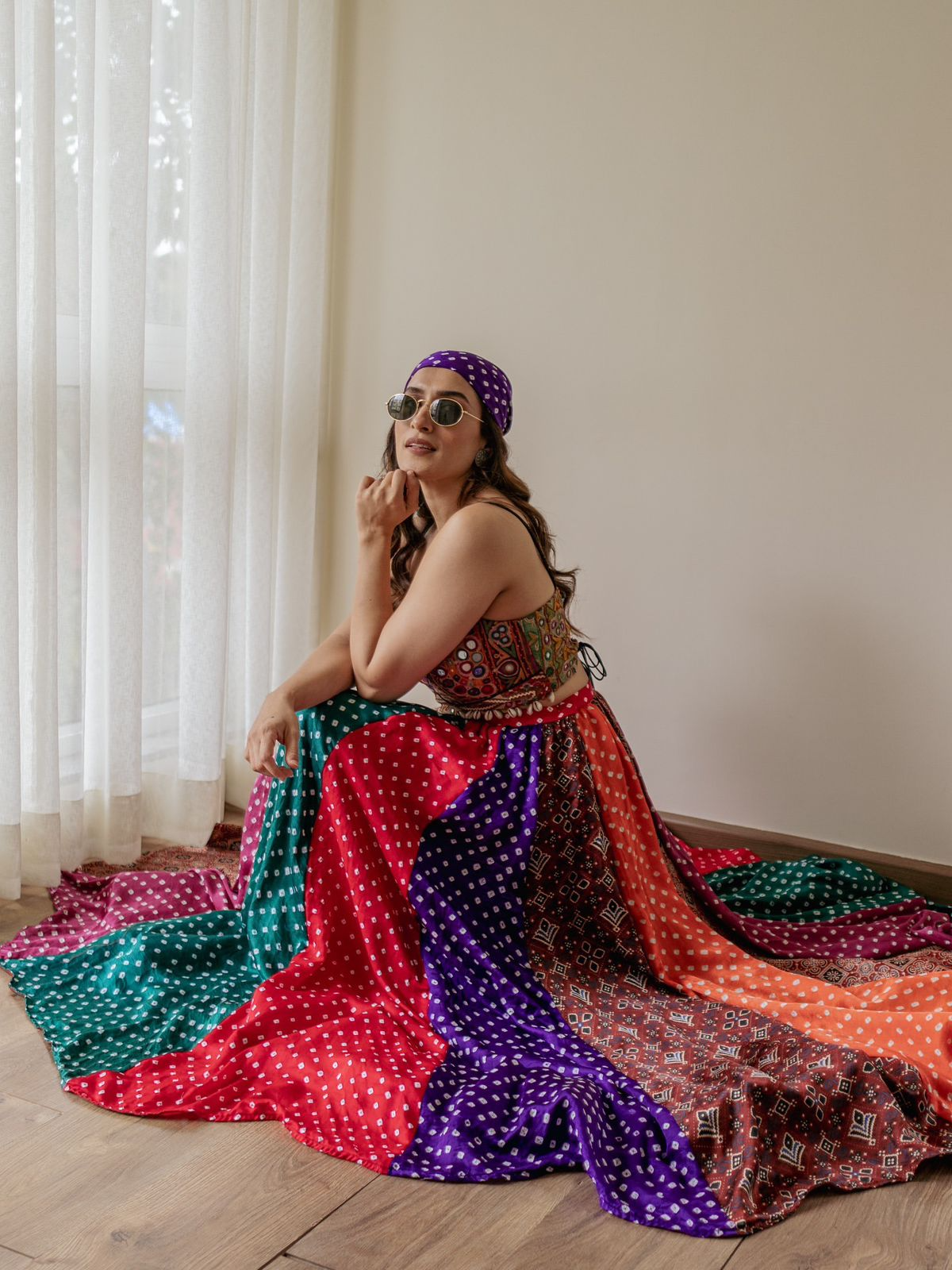 Multi- colour Multi-panel Bandhani Skirt & Choli Set - Alia Bhatt Inspired