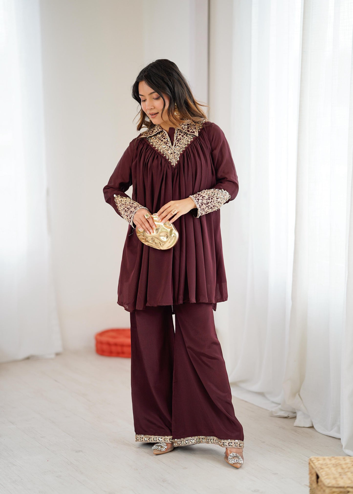 Mehroon Chinon Sequence Embroidered Kurta Plazzo Set