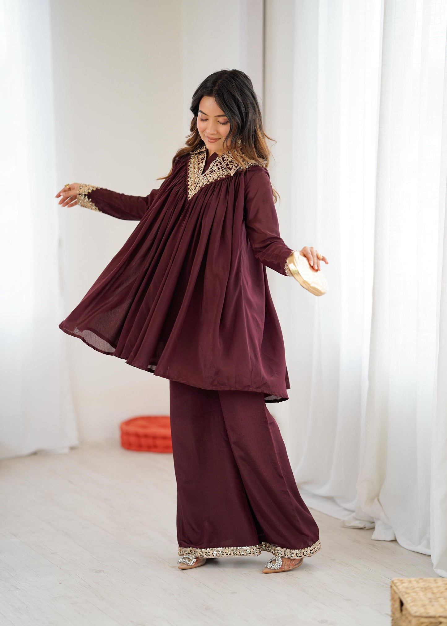 Mehroon Chinon Sequence Embroidered Kurta Plazzo Set