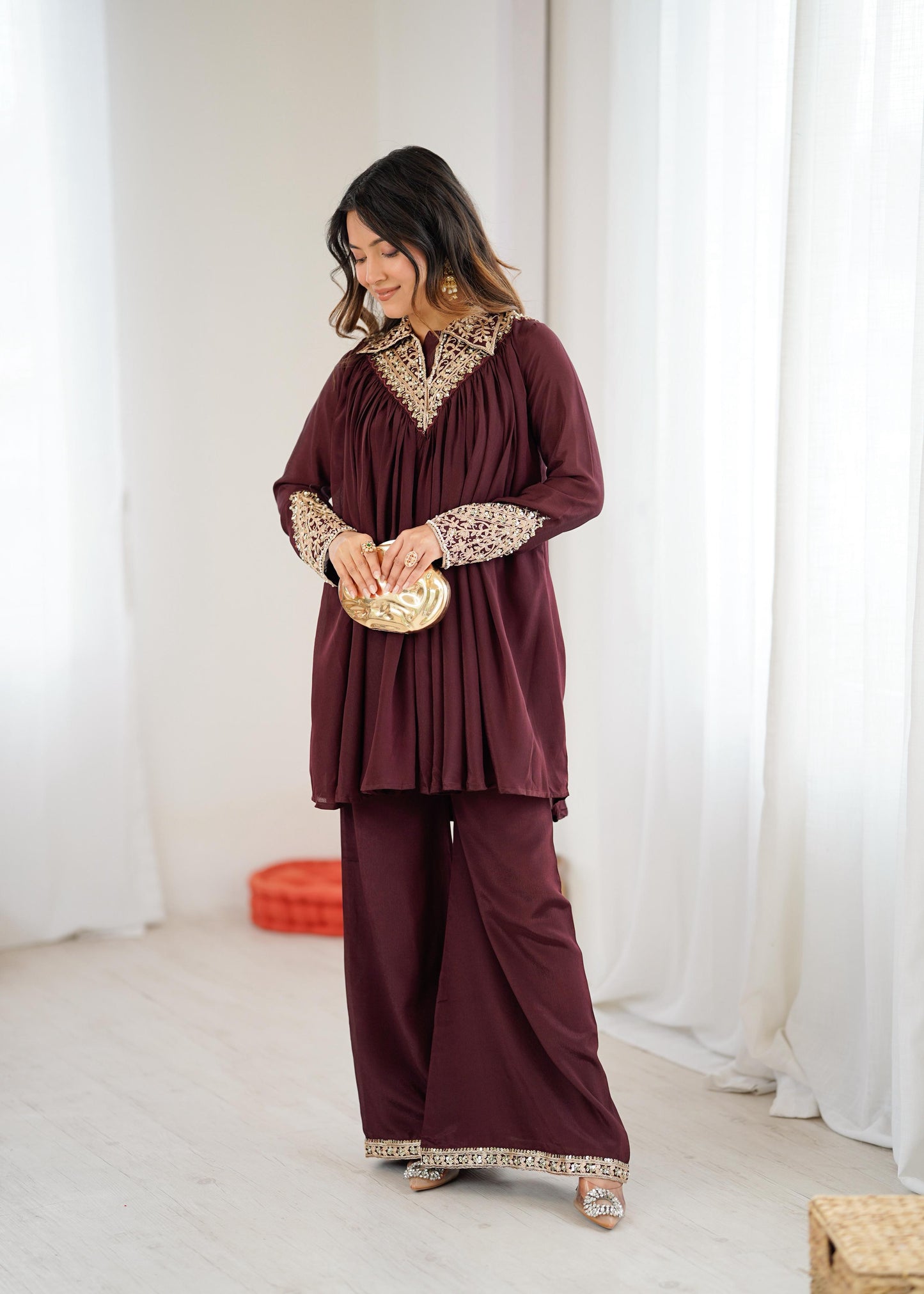 Mehroon Chinon Sequence Embroidered Kurta Plazzo Set