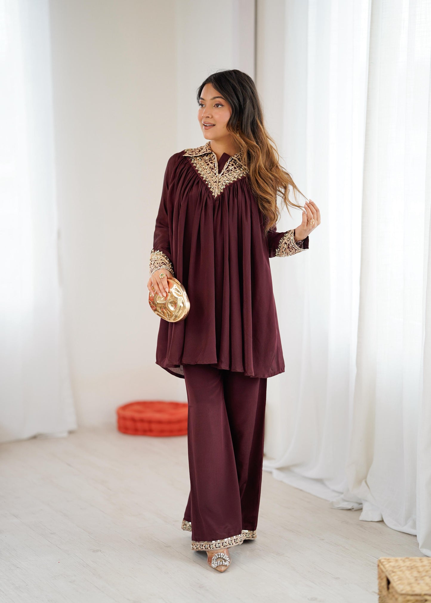 Mehroon Chinon Sequence Embroidered Kurta Plazzo Set