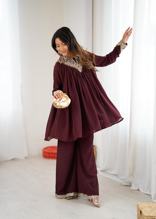 Mehroon Chinon Sequence Embroidered Kurta Plazzo Set