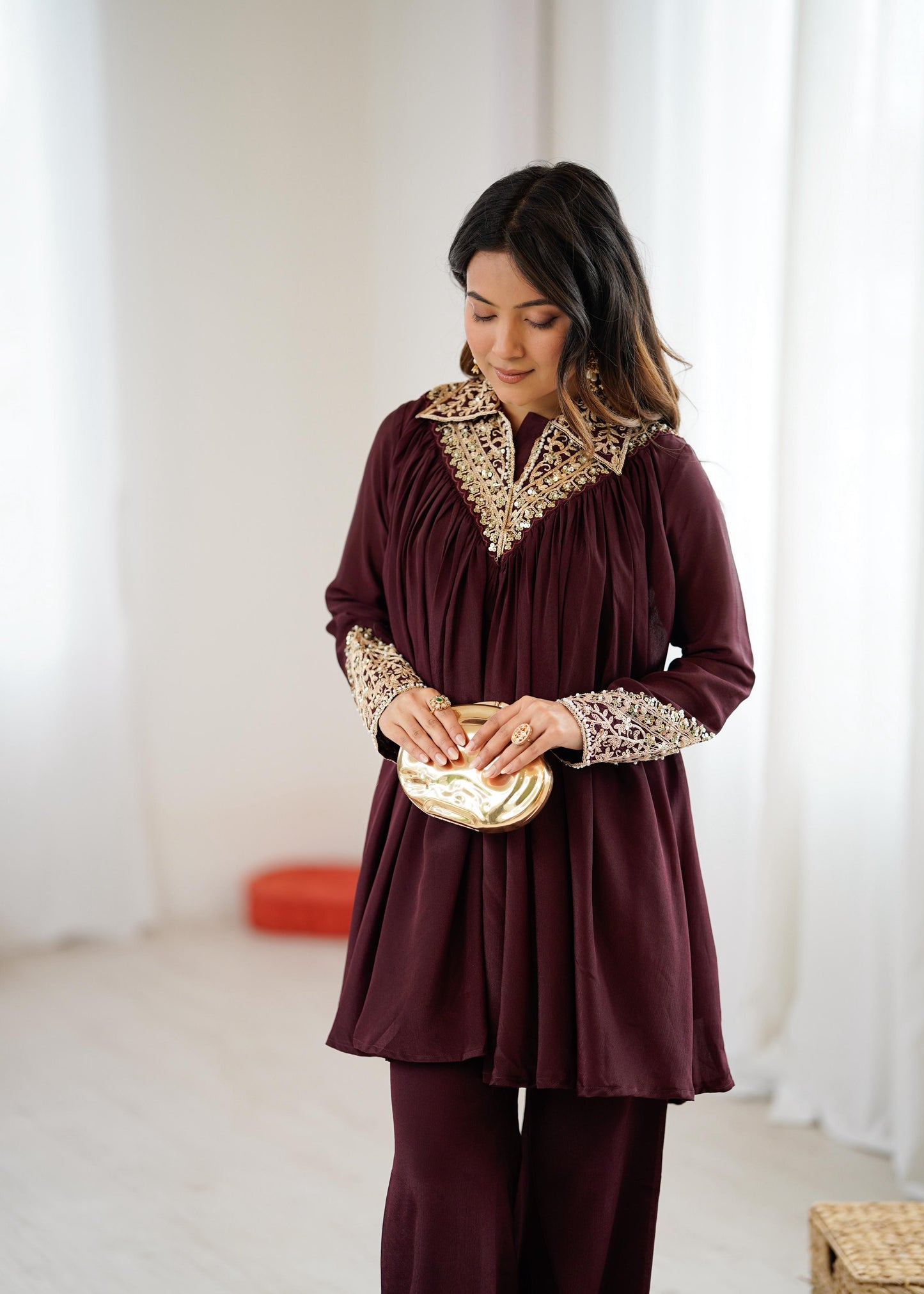 Mehroon Chinon Sequence Embroidered Kurta Plazzo Set