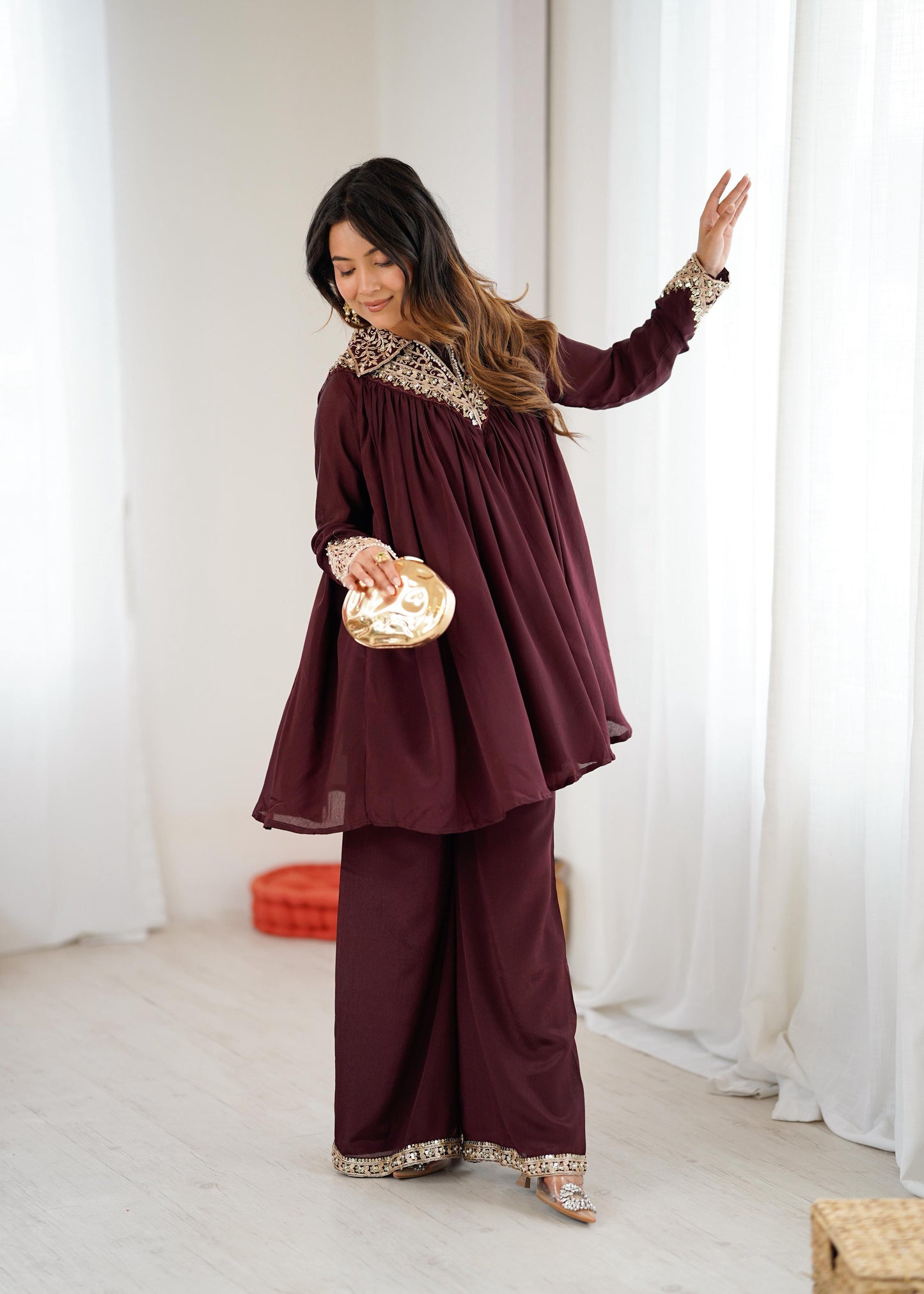 Mehroon Chinon Sequence Embroidered Kurta Plazzo Set