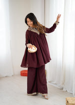 Mehroon Chinon Sequence Embroidered Kurta Plazzo Set