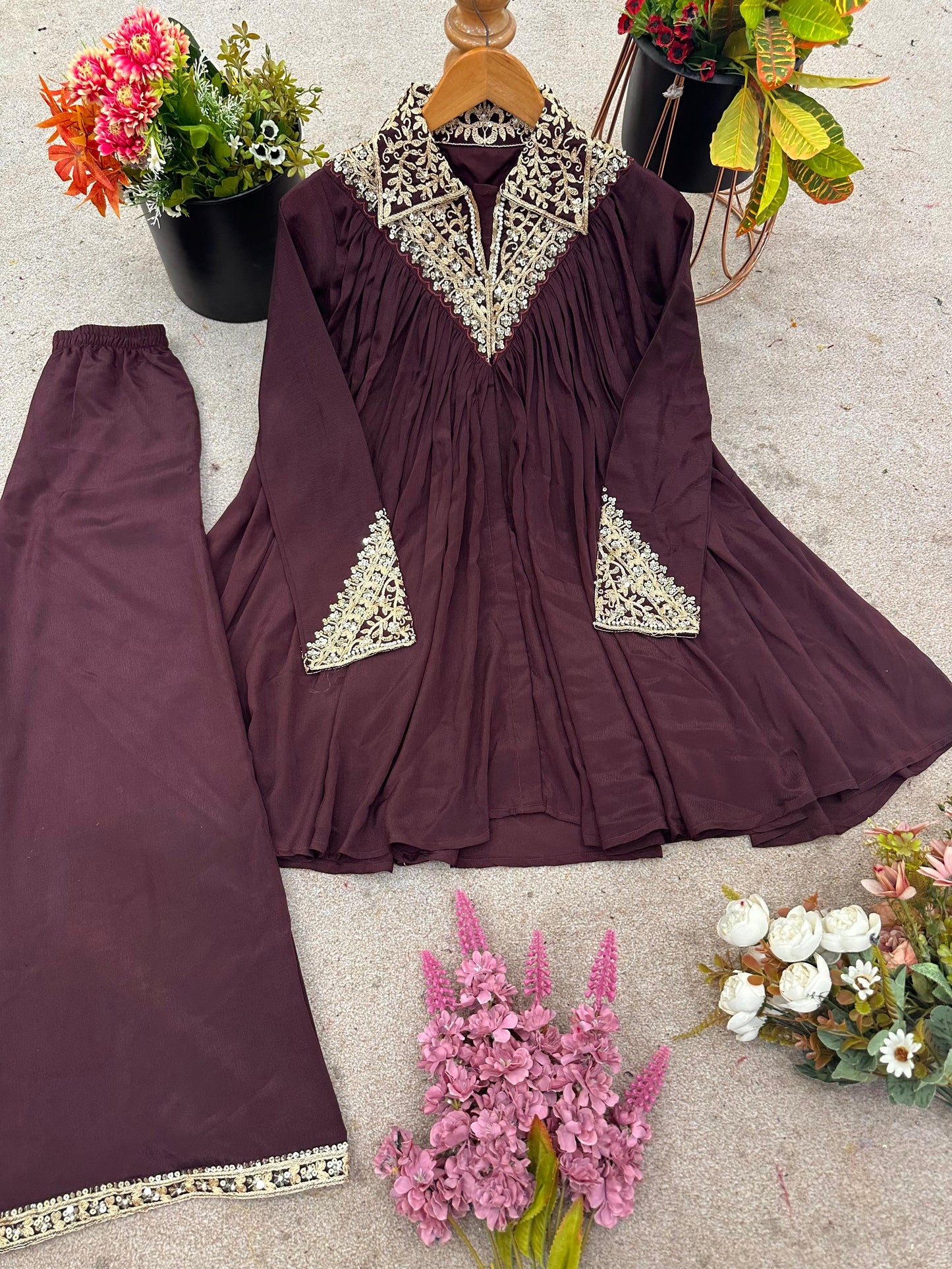 Mehroon Chinon Sequence Embroidered Kurta Plazzo Set