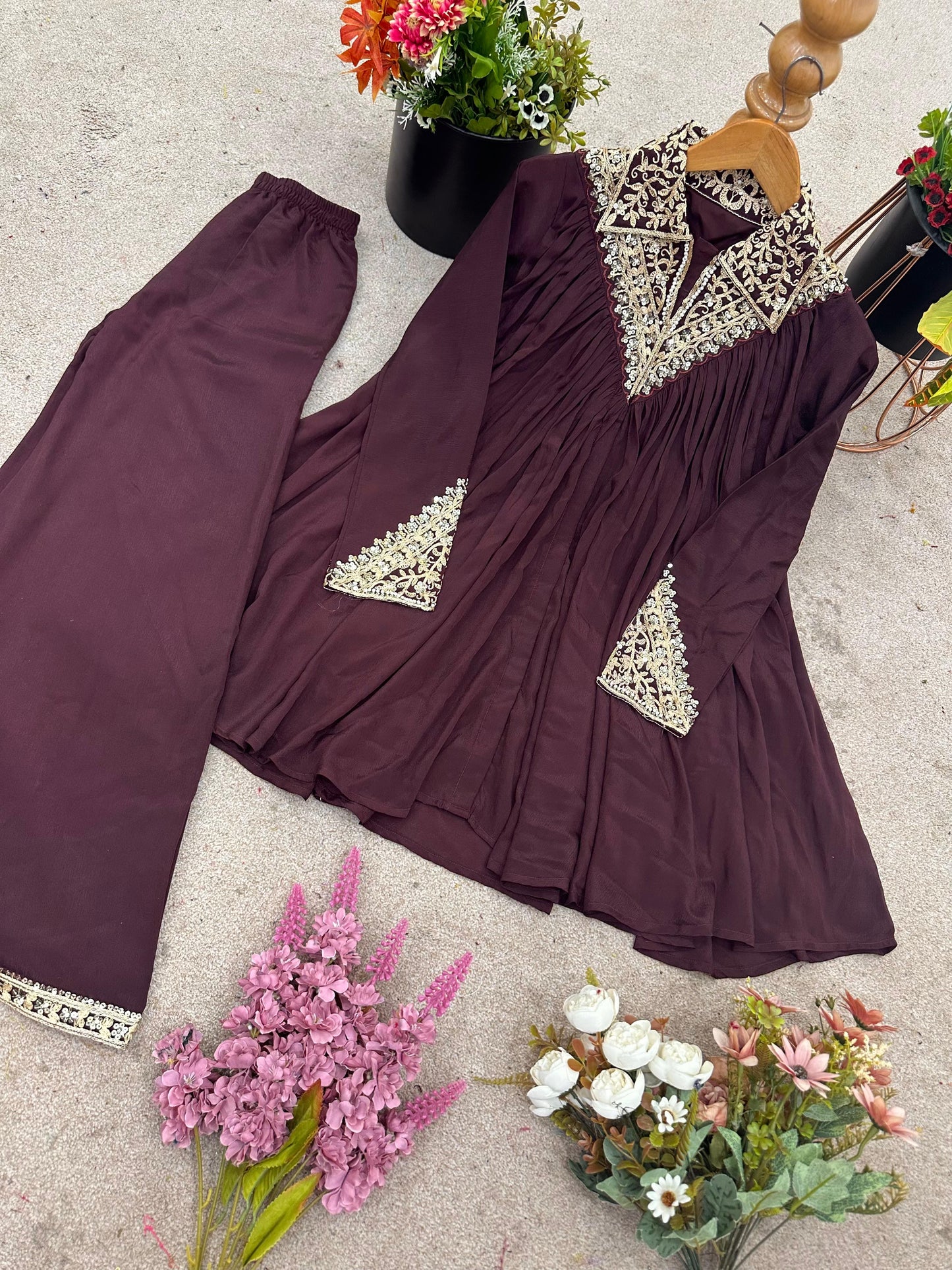 Mehroon Chinon Sequence Embroidered Kurta Plazzo Set