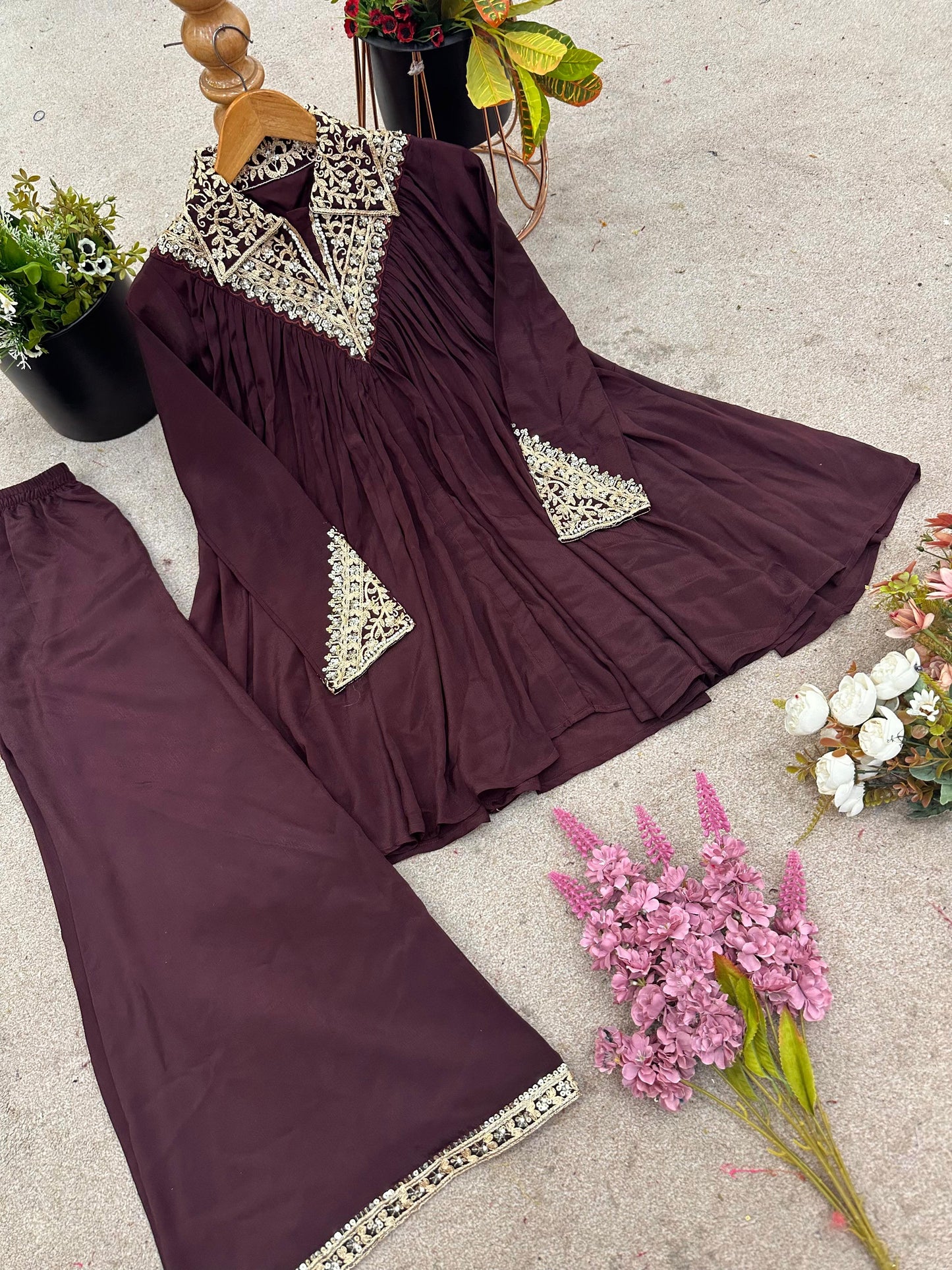Mehroon Chinon Sequence Embroidered Kurta Plazzo Set