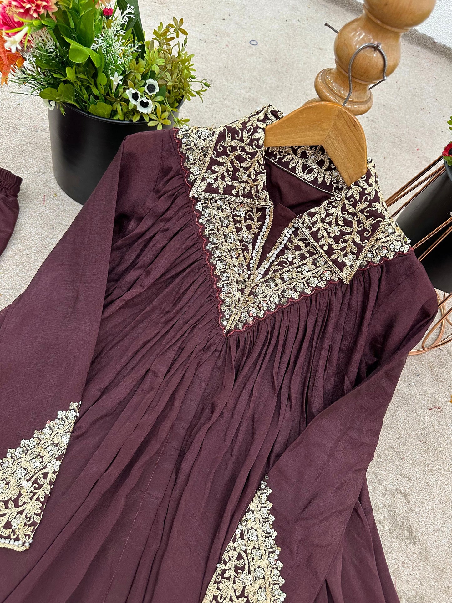 Mehroon Chinon Sequence Embroidered Kurta Plazzo Set