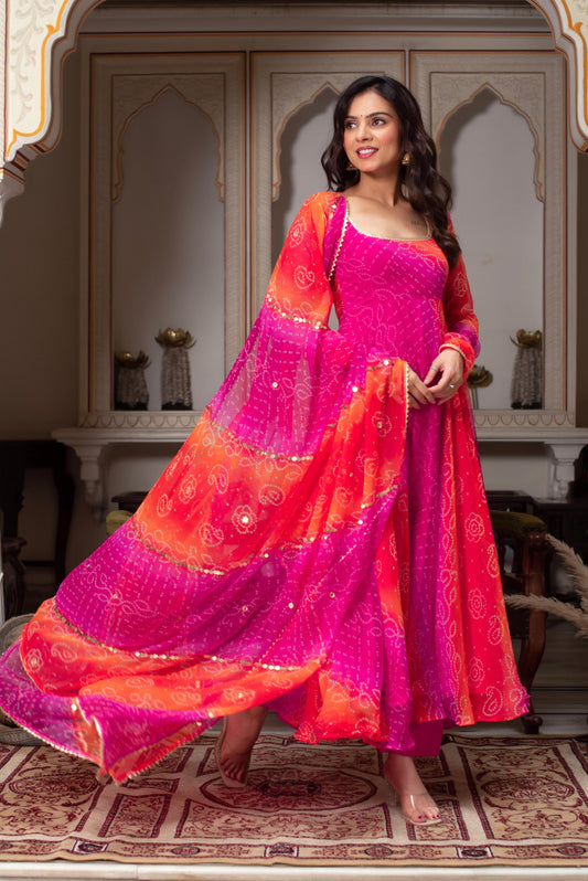Ombre Pink & Orange Bandhej Anarkali Suit