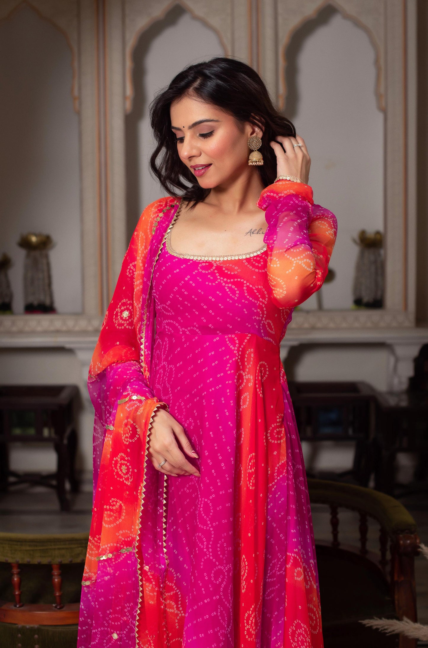 Ombre Pink & Orange Bandhej Anarkali Suit