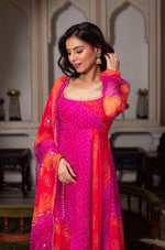 Ombre Pink & Orange Bandhej Anarkali Suit