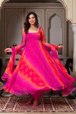 Ombre Pink & Orange Bandhej Anarkali Suit