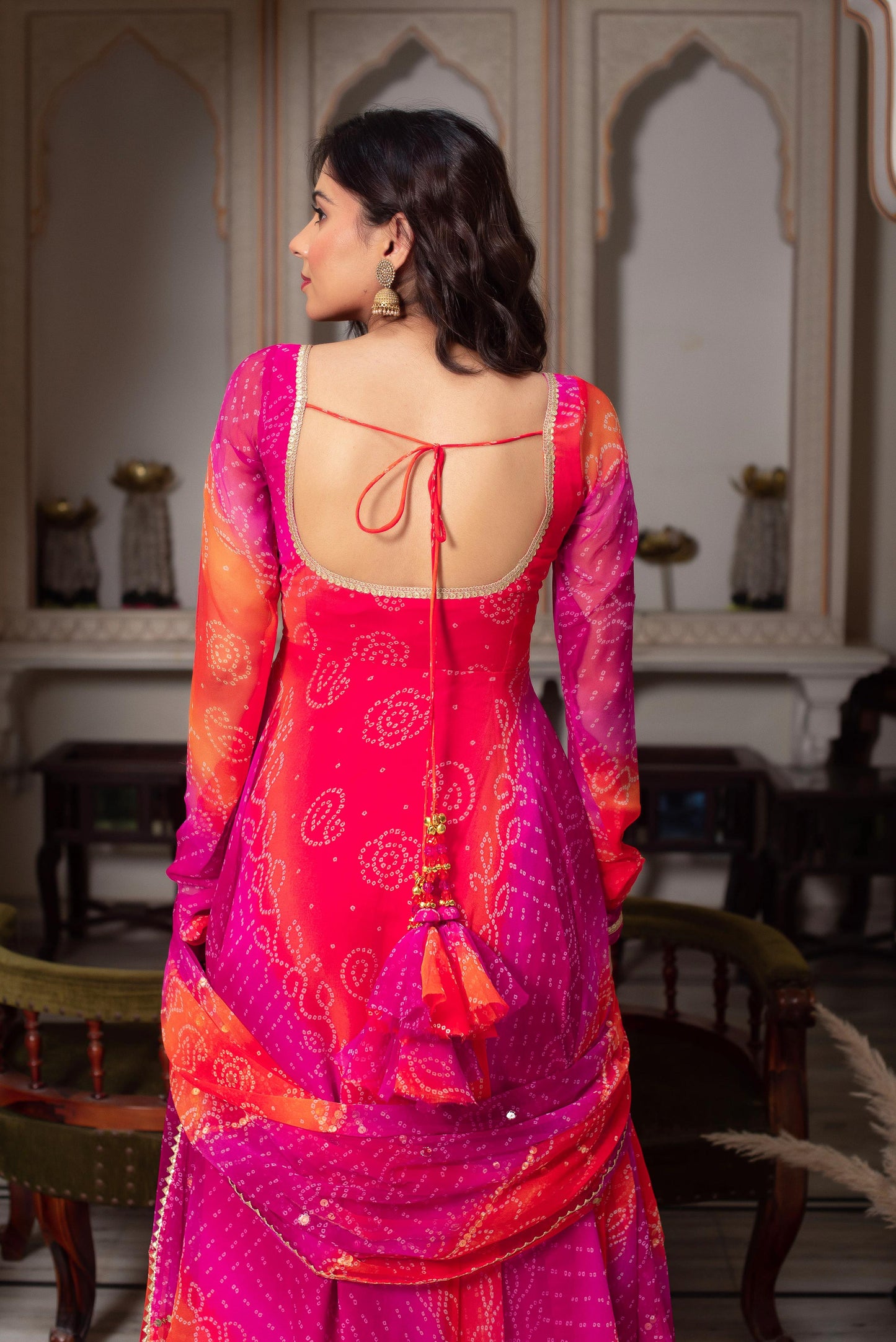 Ombre Pink & Orange Bandhej Anarkali Suit
